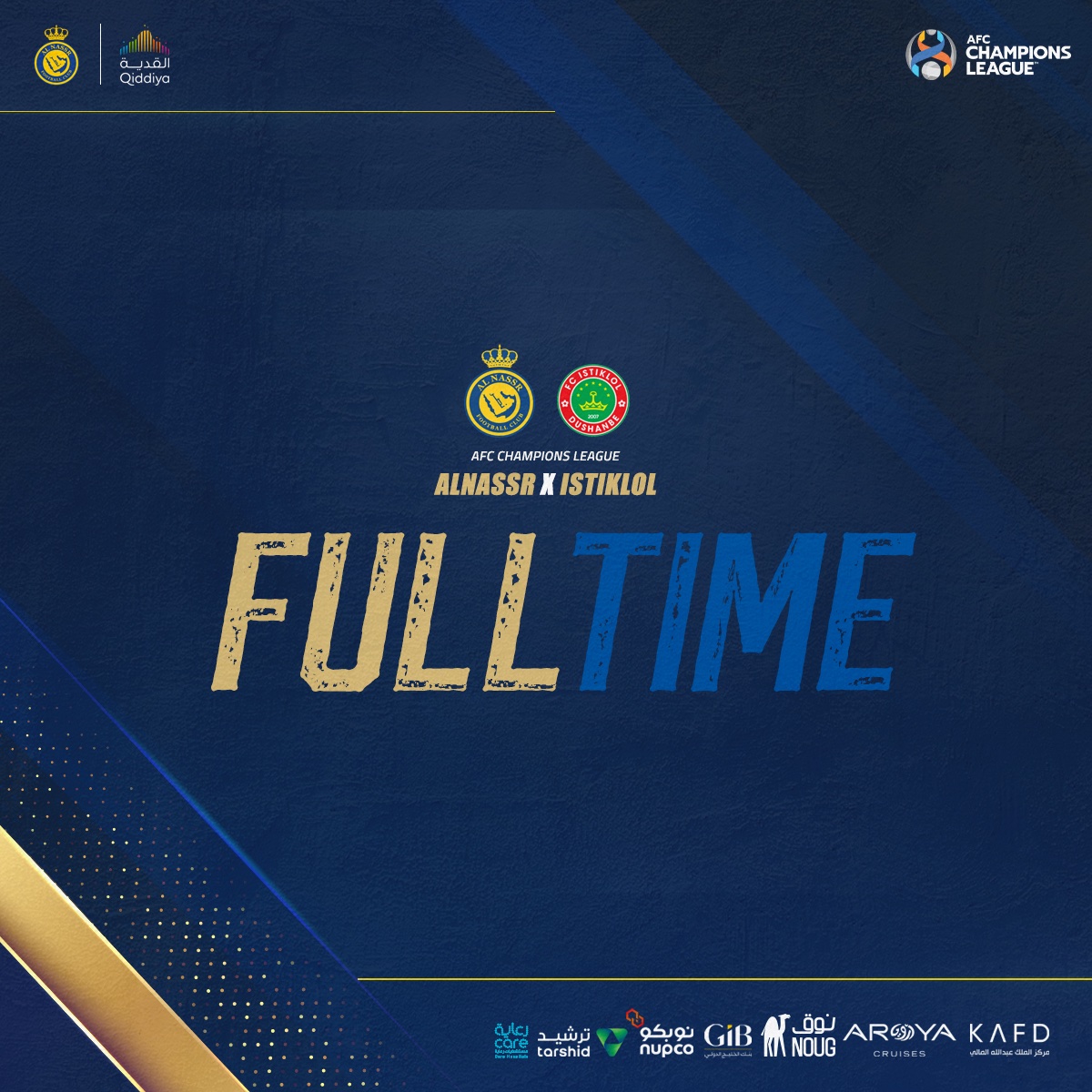 🔚 | صافـرة النهايـة!

النصر 3 - 1 استقلول
⚽️ كريستيانو رونالدو
⚽️⚽️ أندرسون تاليسكا

مبروك يا عـالميين 💛💙
#النصر_استقلول | #AlNassrIstiklol
#دوري_أبطال_آسيا | #ACL