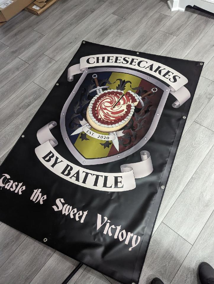 digitalstoke's tweet photo. I love working with varying types of clients. This one in particular was fun bacause it shows a bit of their family history through the colors on ths coat of arms. Also, I'm super stoked to see it printed out on a banner.  Cheesecakesbybattle, thanks for sending those photos over! Looks great!

#logodesign #graphicdesign #smallbusiness #staycreative