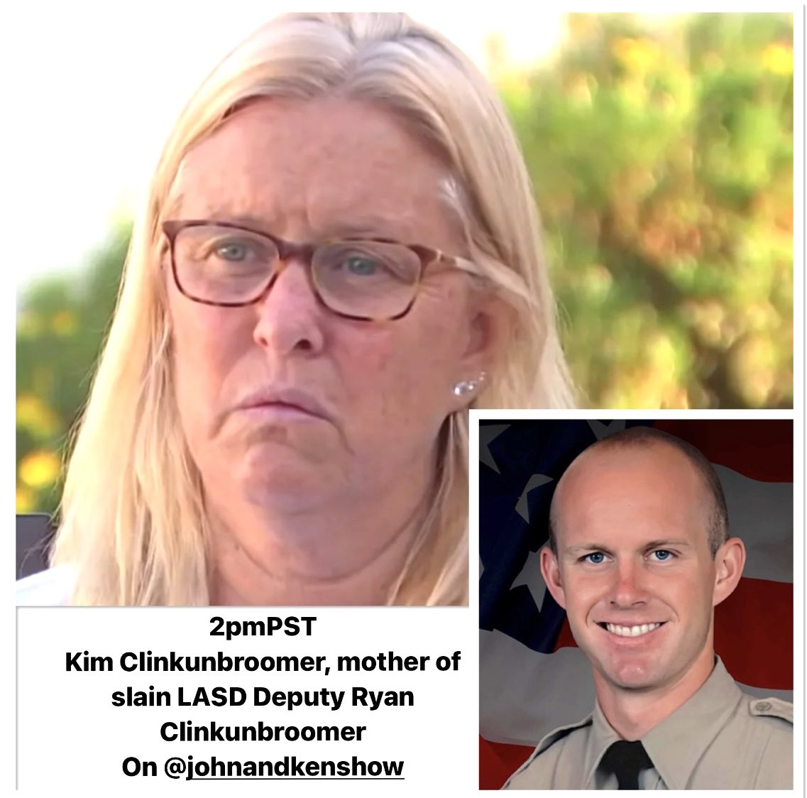 Kim Clinkunbroomer, mom of slain @LASDHQ Deputy Ryan Clinkunbroomer, talks with @johnandkenshow at 2pmPST, and remains devastated the @ladaoffice isn't pursuing death penalty. Please join us LIVE on @kfiam640 and anytime on our @iheartradio #podcast.