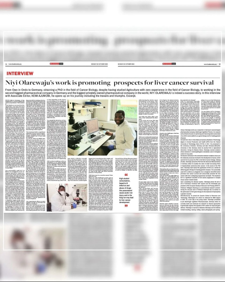 Olaniyi_OP's tweet photo. Follow my incredible journey, from graduating with a 2:2 in Animal Production and health from FUTA in 2011 to earning a PhD in the field of Cancer Biology and now working as a researcher focussing on optimising AAV gene therapy platform for the treatment genetic diseases. 
It has been quite a journey and i am happy to share details of my story in my interview with @kemi_ajumobi of  Business Day Newspaper. Grab a copy of today’s Business Day Newspaper for the detailed interview or read online via the link below
https://t.co/MEW1P7Ku9H