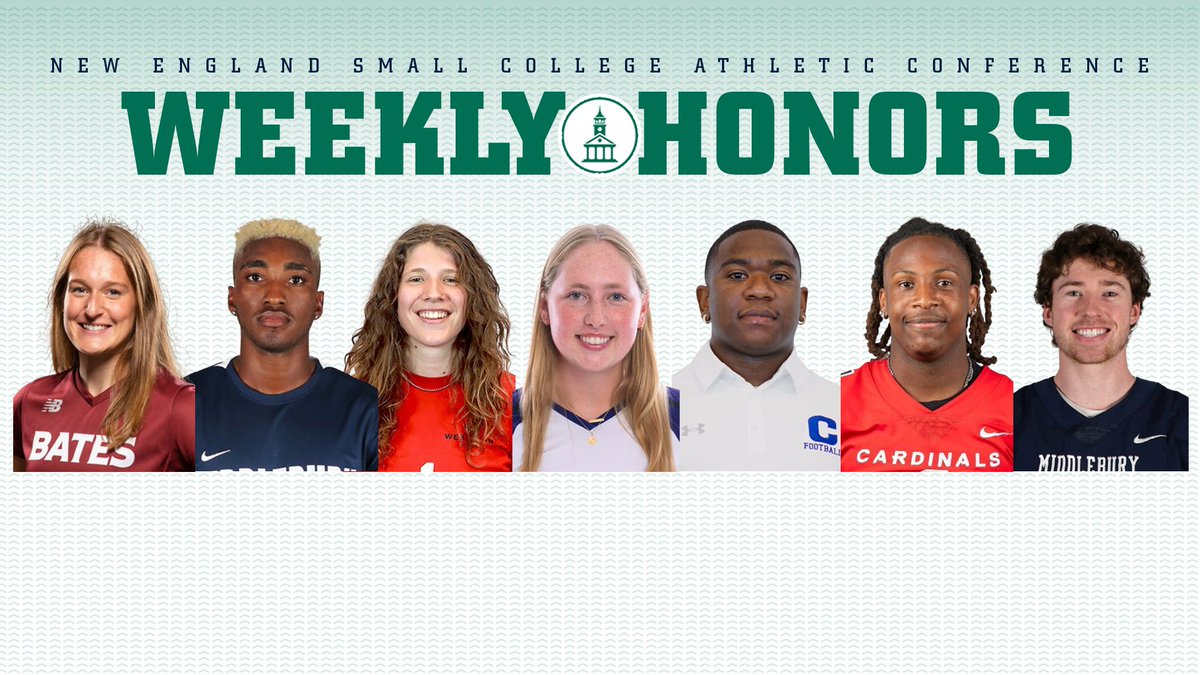 NESCAC's tweet photo. NESCAC Players of the Week
🏑Anna Cote, @BatesSports 
🏈Keon Smart, @themules 
🏈Wesley Abraham, @wes_athletics 
🏈Zach Levy, @MiddAthletics 
⚽️Jordan Saint-Louis, @MiddAthletics 
⚽️Molly Brumbach, @wes_athletics 
🏐Charlotte Rasmussen, @AmherstMammoths 
> https://t.co/TWmJBcgbhK https://t.co/XrDXiMx0GE