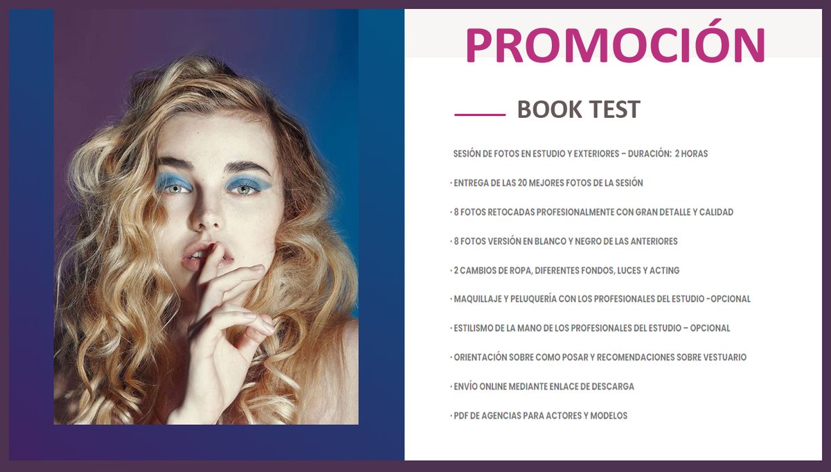 ¡NO TE LO PIERDAS! 📸✨ 😱Nuestro Book TEST, ¡por solo 200€! (antes 230€) ⏳⏰Oferta válida solo hasta el 31 de octubre Ideal para modelos, actores y sesiones personales. ¡Una herramienta de trabajo esencial para modelos y actores! 📩📞606 871 911 - info@saraiglesias.es