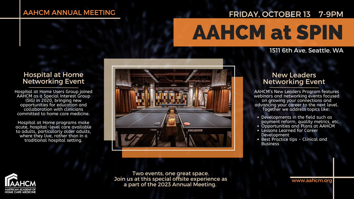 See you at SPIN Seattle for two special AAHCM events! Hospital at Home and New Leaders networking opportunities for annual meeting attendees. aahcm.org/2023-annual-me… #AAHCM2023 #homecaremedicine #seattle2023