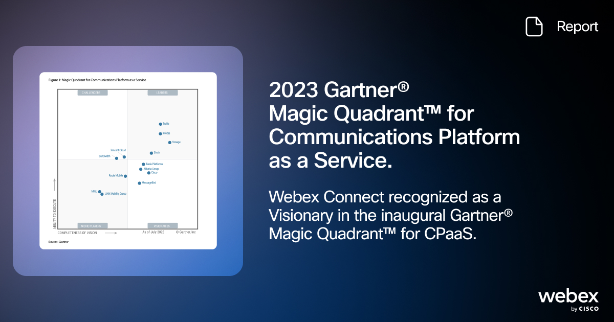 Cisco Recognized in Gartner Magic Quadrant for CPaaS - oal.lu/FAxEd
 #CPaaS #GartnerMagicQuadrant #Visionary #WebexConnect #CustomerExperience #Innovation #CiscoCPaaS