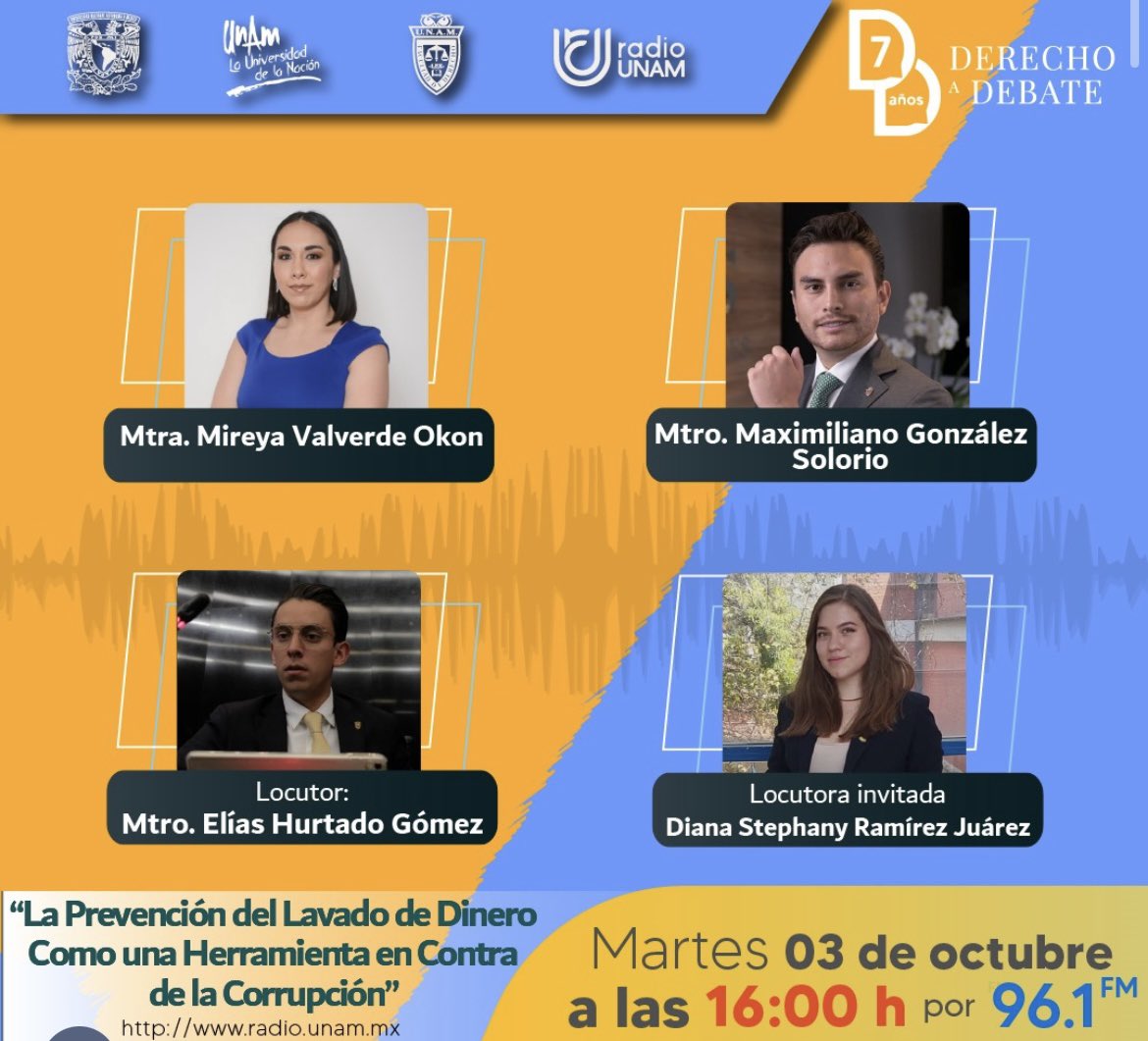 Estoy contento de participar en <a href="/DerechoaDebate/">Derecho a Debate</a> junto con la especialista en #PLD <a href="/MireyaOkon/">Mireya Okón</a> 

Los invito a que nos escuchen en <a href="/RadioUNAM/">Radio UNAM</a> a las 16:00 por el 96.1 FM