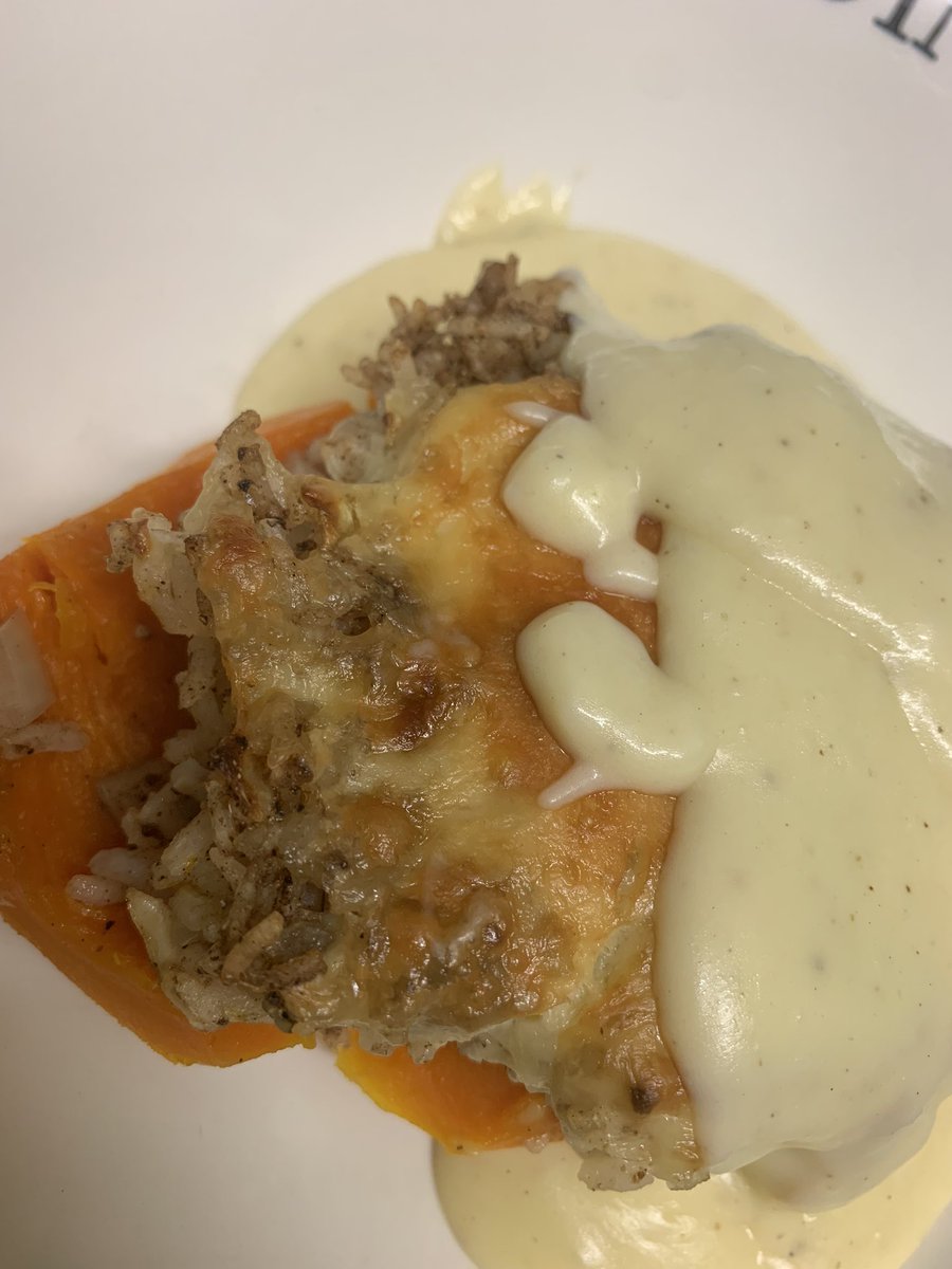 Autumn squash off the allotment,, roasted with risotto, cheese encrusted….flavours thanks to <a href="/mrwolfspices/">Mr Wolf Spices</a> and bechamel over the top. The photo does not do the flavours justice.