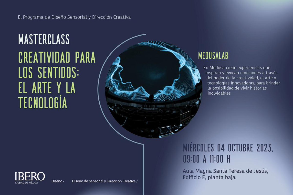 Conversaremos acerca de nuestro trabajo como estudio creativo audiovisual y las experiencias que generamos desde la innovación y el arte en la Masterclass: Creatividad para los Sentidos: El Arte y la Tecnología, el próximo 04 de octubre en la @ibero_cdmx 

¡Los esperamos!