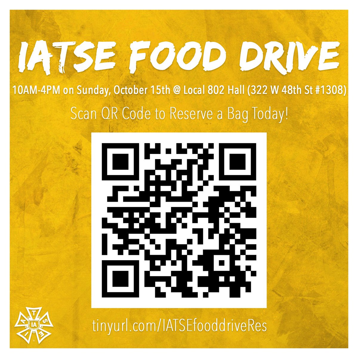 IATSE members affected by the Hollywood strikes are invited to pick up a bag of groceries in Manhattan (Midtown/Hell’s Kitchen) on Sunday October 15th. @iatse members can reserve bag of groceries for pickup via tinyURL.com/IATSEfooddrive…