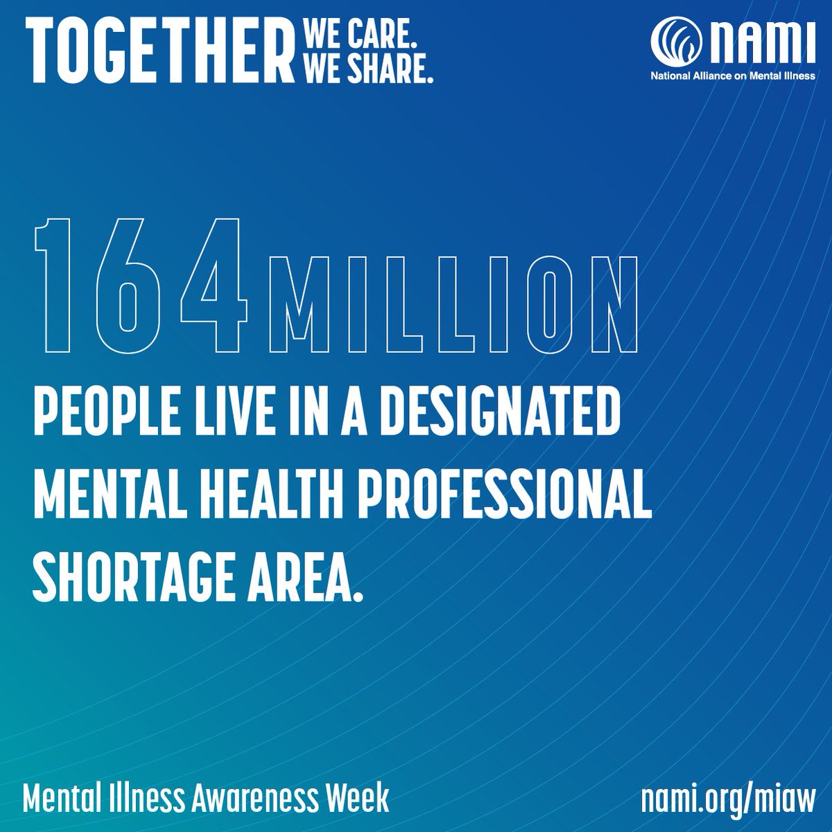 The first week in October is Mental Illness Awareness Week (#MIAW), a national effort where we raise awareness, fight discrimination, and provide support. This year's theme is “Together We Care. Together We Share,” which conveys the power of coming together in community.