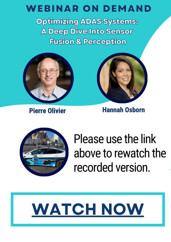 Leddar_Tech's tweet image. 👍🚗WEBINAR ON DEMAND - hubs.li/Q0242l1W0 Optimizing ADAS Systems: A Deep Dive Into Sensor Fusion and Perception featuring Puierre Olivier and Hannah Osborn. Don't miss this engaging and interactive 30 minute session, now available On Demand! #ADAS #sensorfusion #LeddarTech