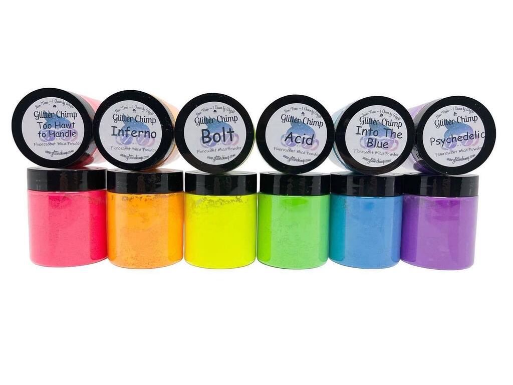 GlitterChimp's tweet photo. Fluorescent Mica Powders have now been added to the 50% OFF SALE! No code is needed! Discount removed at checkout. It cannot be combined with any other offer. #glitter #mica #50percentoff #glitterchimp https://t.co/cBtyxbKO1N