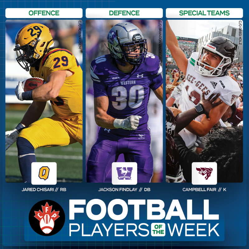 OUAsport's tweet photo. Magical moments in #MarqueeMatchups! 🪄

@queensgaels Jared Chisari, @WesternMustangs Jackson Findlay, and @uOttawaGeeGees Campbell Fair have been named @CFPerspective Players of the Week for Week 6. 🏈

#WeAreONE