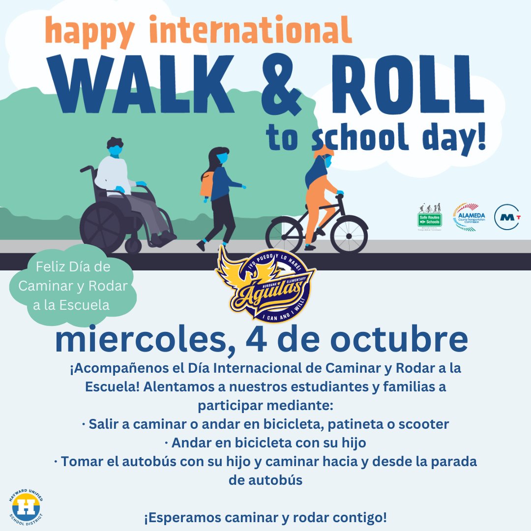 BurbankElem's tweet photo. Burbank families join us this Wednesday, October 4th for International Walk to School Day. 💛🦅💙 @HaywardUSD @BurbankYEP https://t.co/E0B7VyQ12V