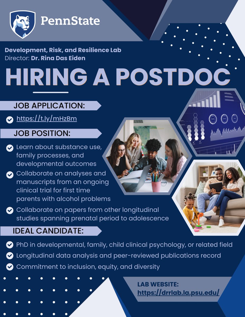 The Development, Risk, and Resilience lab at Penn State is looking for a postdoc!
#ResearchOpportunity #postdoc 
#RCT #substanceuse #ScienceJobs #DevPsych #AcademicChatter #AcademicLife #AcademicTwitter #PhD #PhDchat #PhDdone #DoctoralLife  #PhDchatter