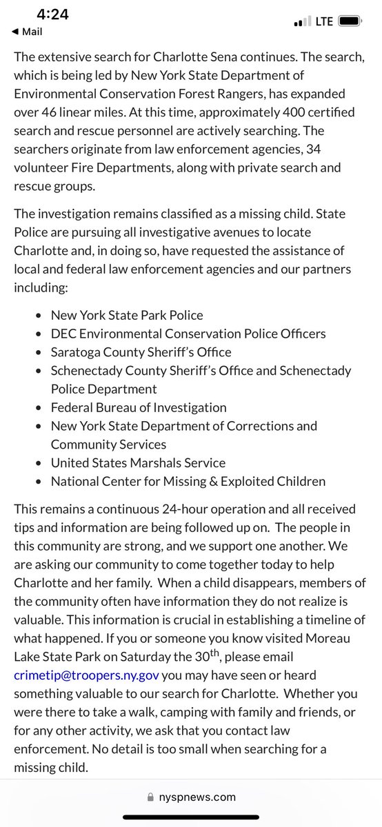 MarisaJacquesTV's tweet photo. The search for 9-year-old Charlotte Sena continues.   Here is the latest update from NYS Police. https://t.co/9xkBVQfqOf