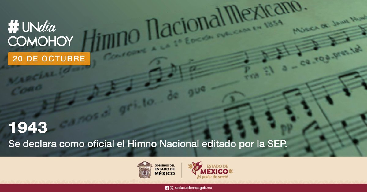 COBAEMex's tweet photo. 🇲🇽El Himno Nacional Mexicano cumple 80 años de haber sido declarado oficial. El 20 de octubre de 1943 el presidente Manuel Ávila Camacho decretó el establecimiento de la pieza musical como uno de los tres Símbolos Nacionales, en conjunto con la Bandera y el Escudo. #UnDíaComoHoy https://t.co/zDyFnjTw7D