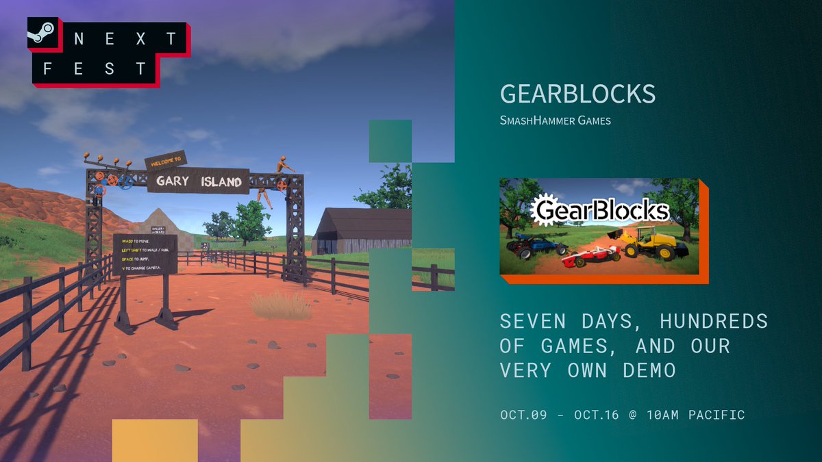 GearBlocksGame's tweet photo. An all new demo will be available during the Steam Next Fest (Oct 9th to 16th), with the tutorial scenario. You'll be able to learn more about building in the game, and also try out some new parts!

#SteamNextFest #indiegames #indiedev #madewithunity https://t.co/7VQANAjHCp
