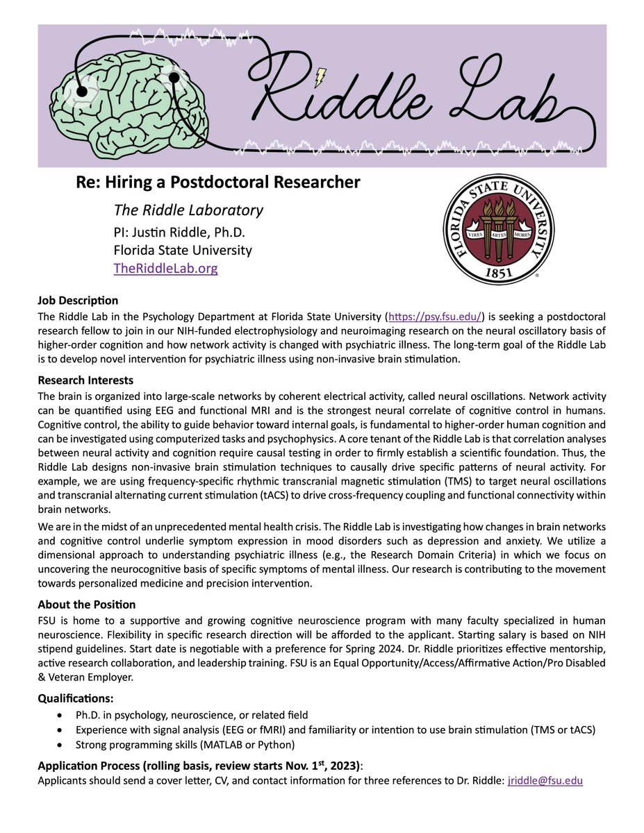 The Riddle Lab is recruiting up to two PhD students for Fall 2024 (applications due Dec 1st) and a postdoctoral researcher (review starts Nov 1st). More info in the job advert. I am committed to mentorship and academic rigor. Join us! 🧠 @PsychologyFSU