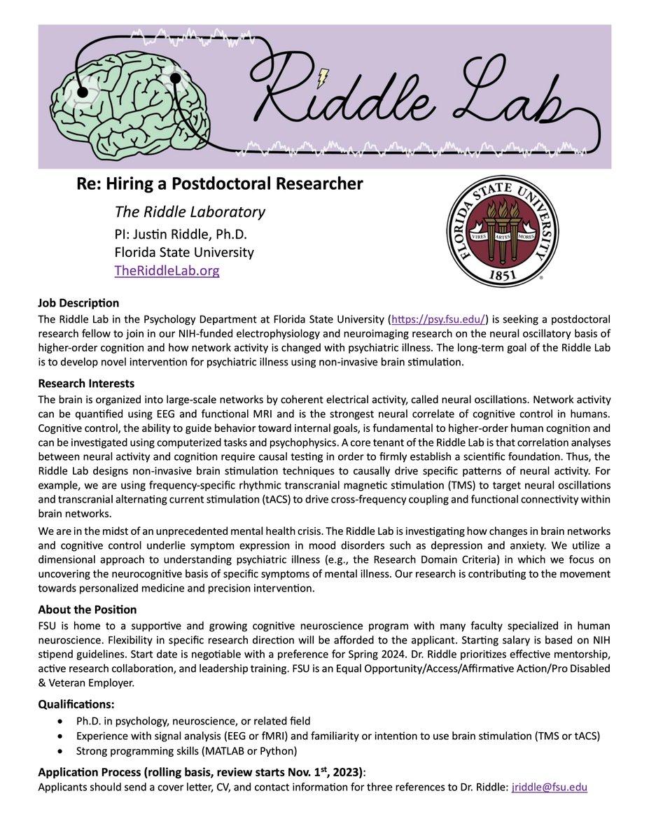 The Riddle Lab is recruiting up to two PhD students for Fall 2024 (applications due Dec 1st) and a postdoctoral researcher (review starts Nov 1st). More info in the job advert. I am committed to mentorship and academic rigor. Join us! 🧠 <a href="/PsychologyFSU/">FSU Department of Psychology</a>