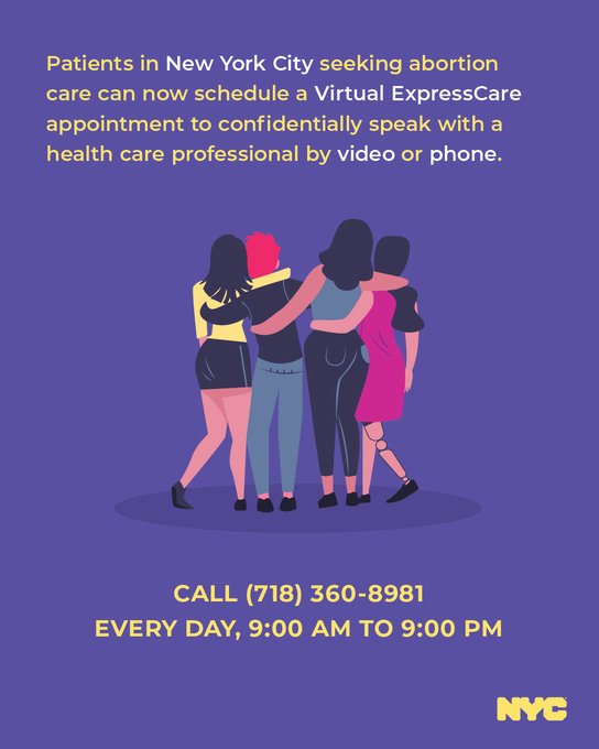 A purple graphic that reads: "Patients in New York City seeking abortion care can now schedule a Virtual ExpressCare appointment to confidentially speak with a health care professional by video or phone".
