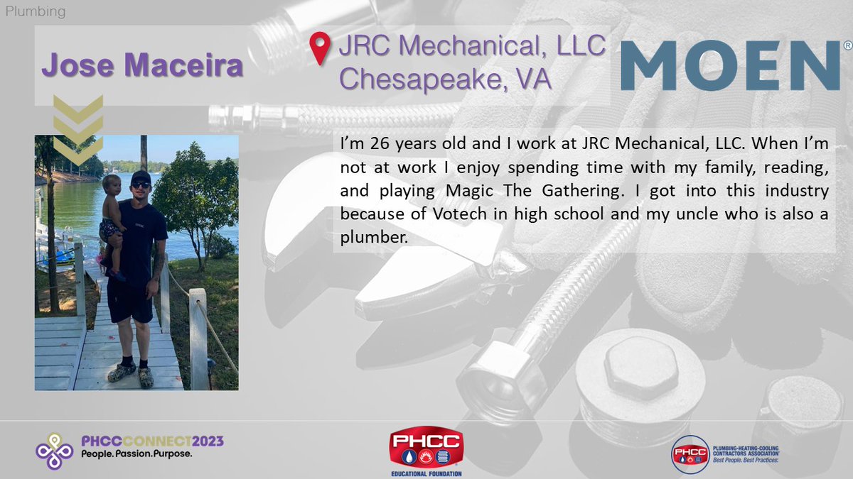 PHCCFoundation's tweet photo. 📣Presenting... Jose Maceira - JRC Mechanical, Chesapeake, VA🎉
Sponsored by: @moen
#phccfoundation #phccacademy #apprenticecontest #plumbing #hvacr #careerdevelopment #CONNECT2023 #cleveland #ohio #phccareers #cleanair #cleanwater https://t.co/lis3dz0TjV