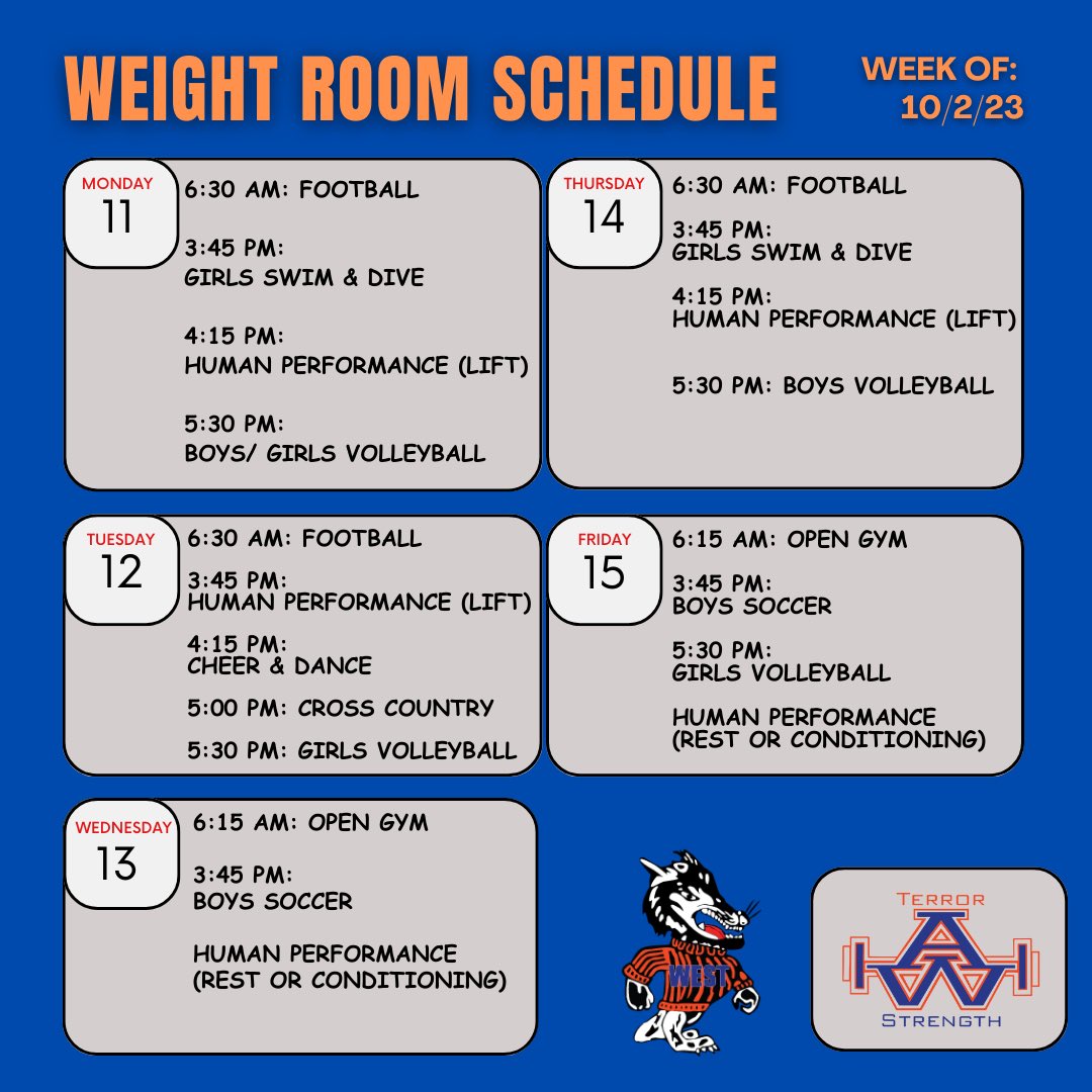appletonwestsc's tweet photo. Weekly weight room schedule update! #terrorstrong https://t.co/pfm0GKTmHg
