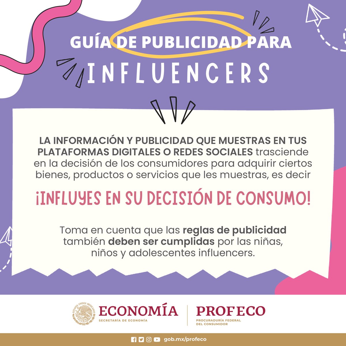 Profeco's tweet photo. 🤳#Influencer 📢 Si brindas información o publicas la recomendación de un producto o servicio a través de tus redes sociales. ¡Estás generando publicidad!

🔎Consulta la #GuíaDePublicidad para Influencers y sigue nuestras recomendaciones.

🔗 https://t.co/KJPswTIq5M https://t.co/GohsrDd8QC