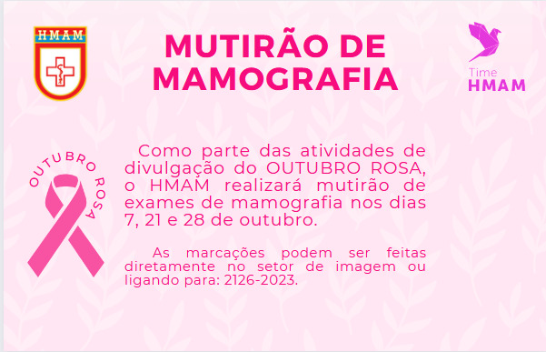 cma_exercito's tweet photo. #OUTUBROROSA • O Hospital Militar de Área de Manaus (HMAM) irá realizar nos dias 7, 21 e 28 deste mês o Mutirão de Mamografia como parte das atividades da Campanha Outubro Rosa. Os atendimentos serão realizados por agendamento através do número (92) 2126-2023. #saúde #HMAM https://t.co/R6tnTc98K0