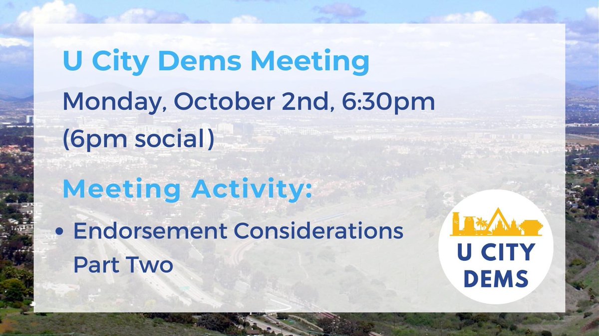 UCityDems's tweet photo. ✨Join us tonight for our monthly meeting! ✨

Our meeting starts at 6:30 PM with social time at 6:00 PM. So hop on early to chat with us!

This evening, we'll consider more critical state and local endorsements. 

🔗 in bio to RSVP https://t.co/1vRUn7Ac5c