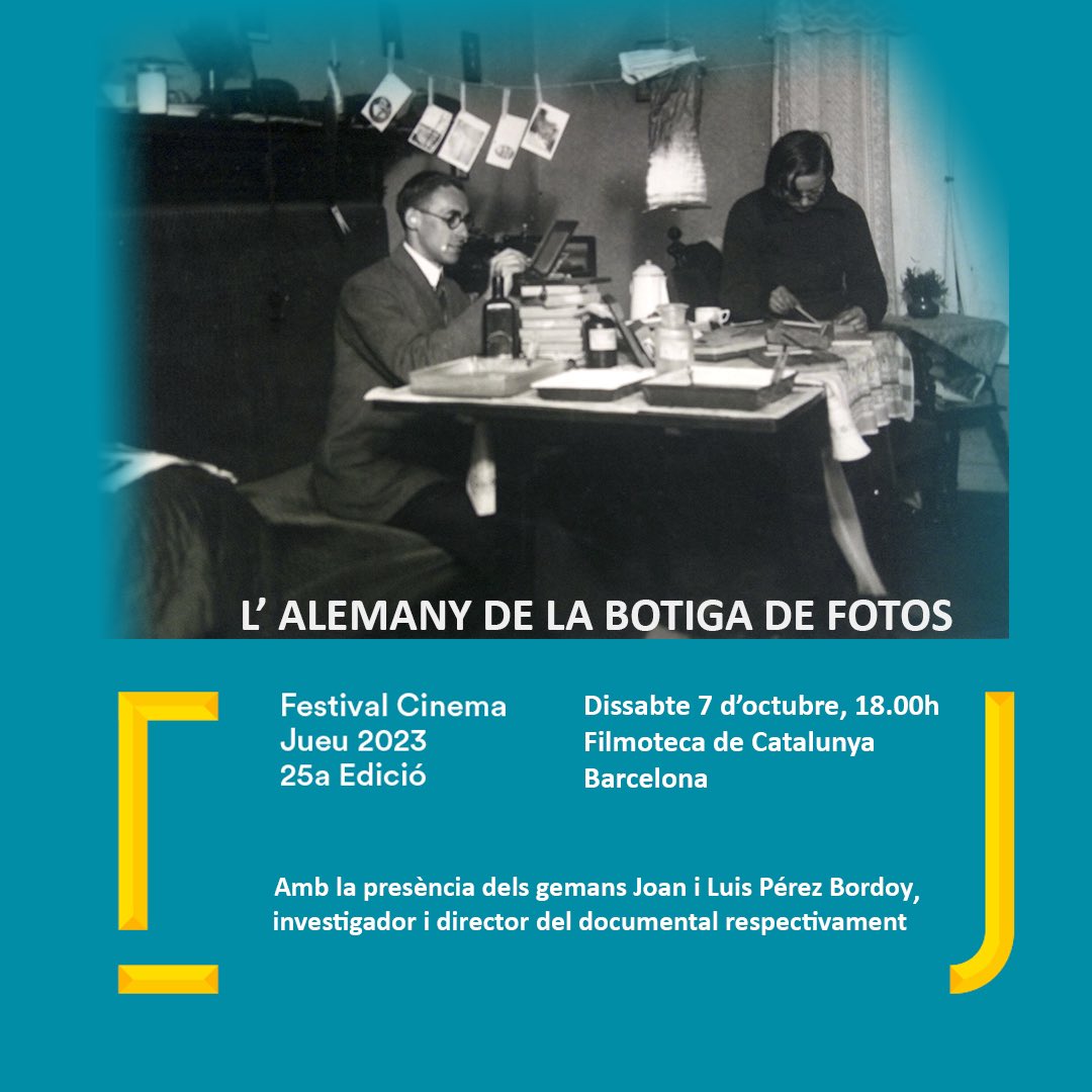 Quindrop's tweet photo. Dissabte dia 7 d'octubre a les 18h. es projectarà "L'alemany de la botiga de fotos" a la Filmoteca de Catalunya @filmotecacat en el marc del 25a Festival Cinema Jueu de Barcelona amb la presència de Juan i Luis Pérez Bordoy, investigador i director respectivament del documental. https://t.co/Aimt8et4Wc