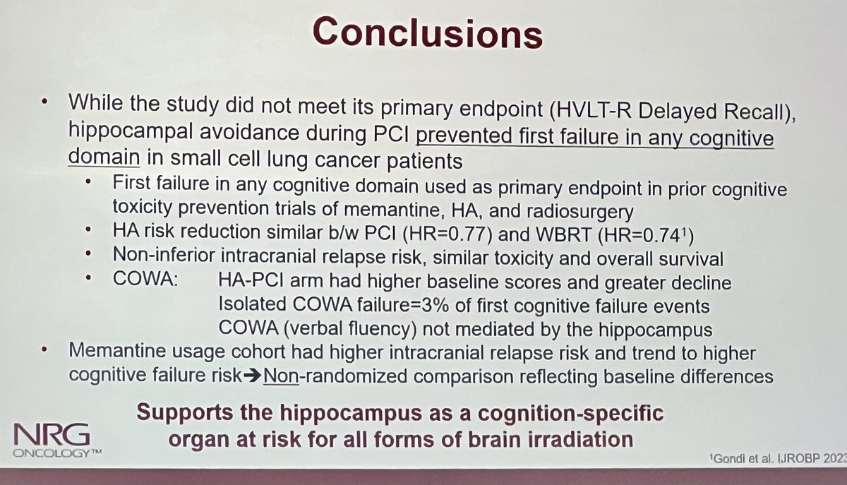 StephenRameyMD's tweet photo. 💥First plenary #ASTRO23 @vinaigondi presented PCI +/- hippocampal avoidance for small cell lung cancer.  🧠

⭐️HVLT-R no different (primary end point)
⭐️Did reduce first failure in any cognitive test (2nd endpoint)
⭐️No diff in intracranial failure 👏 https://t.co/5aHahIqdsz