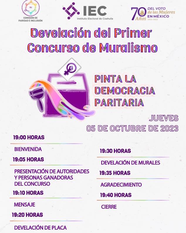 IEC_Coahuila's tweet photo. Te presentamos el programa de la develación del primer concurso de muralismo "Pinta la Democracia Paritaria". 

Te esperamos este 05 de octubre.

¡No te lo puedes perder! https://t.co/Gc1rWSGrcl