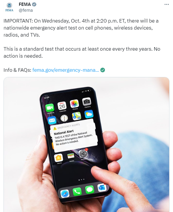 Do members of your organization have cell phones? FEMA will test the IPAWS system on Wednesday, Oct. 4, 2023 at approx. 2:20 p.m. ET. Contact CurranPR.com to talk about our PR services that  will help you advise both internal and external audiences. #CurranPR