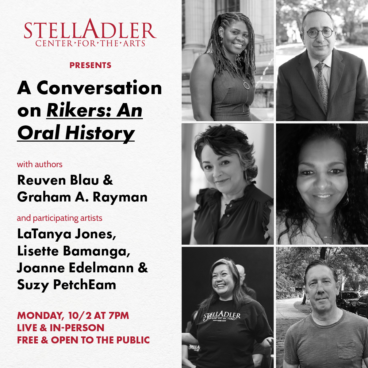 TONIGHT! A Conversation on Rikers: An Oral History at 7pm. Free + open to the public. The authors will talk about why they felt the book was necessary; participants will discuss The Stella Adler Arts Justice Division's work on Rikers + more. ci.ovationtix.com/34682/producti…