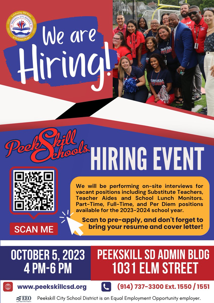 PeekskillCSD's tweet photo. We're hiring! See flier for details. 
#Peekskill #PeekskillNY https://t.co/NPoKgKI5qv