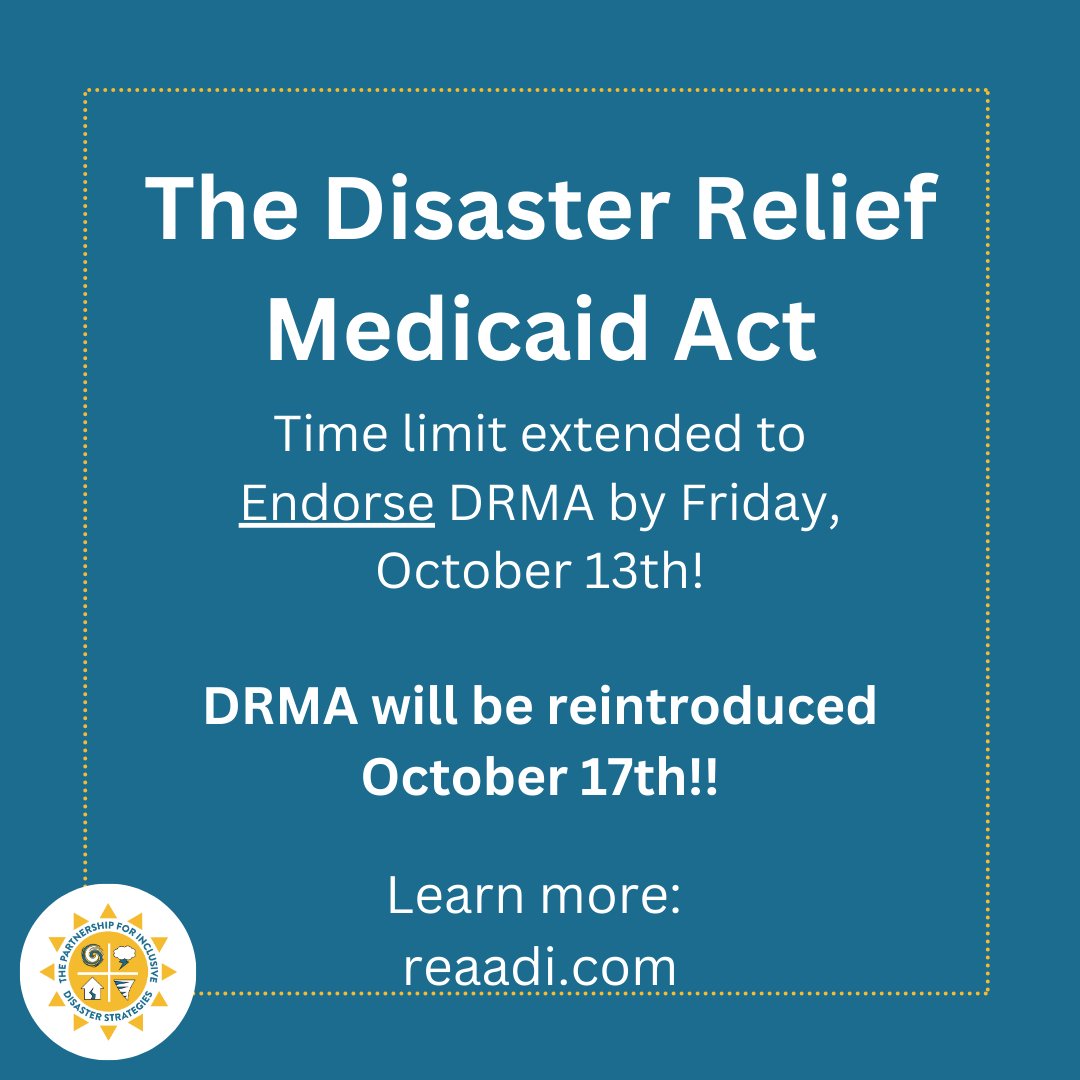 disasterstrat's tweet photo. The Disaster Relief Medicaid Act Time limit extended to Endorse DRMA by Friday, October 13th!
DRMA will be reintroduced October 17th!!
Support Medicaid follows the person across state lines in a disaster or PHE.
Learn more: https://t.co/F3vgAeuE5V. https://t.co/O29TU5KFee https://t.co/jBKgtjgCmQ