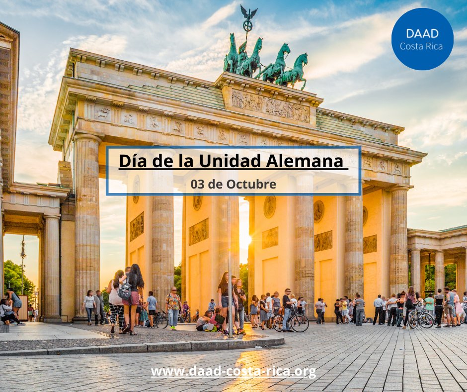 DAAD_CA's tweet photo. Hoy celebramos el 3 de octubre - Día de la Unidad Alemana 🖤❤️💛🇪🇺
El 3 de octubre de 1990 los gobiernos de la República Federal de Alemania y la República Democrática Alemana firmaron el Tratado de Unificación, tras la caída del Muro de Berlín en 1989 🥳🥳🥳. https://t.co/mmgUSKkxWG