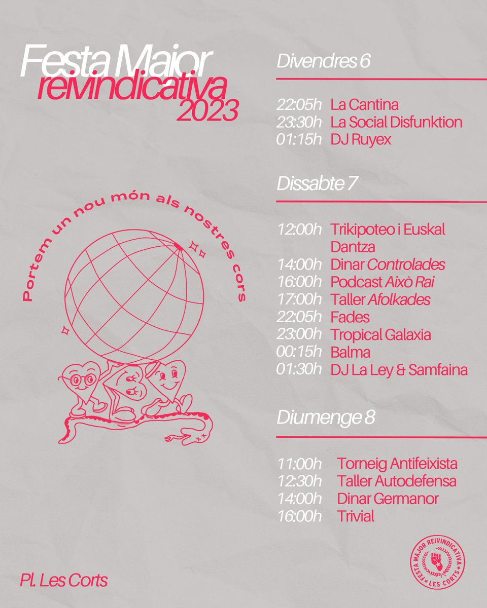 Ja tenim aquí la programació completa de la Festa Major Reivindicativa de les Corts ❤️‍🔥

Us esperem a totes a Pl. Les Corts (Parc del riu) aquest cap de setmana!

Bona festa major🌷