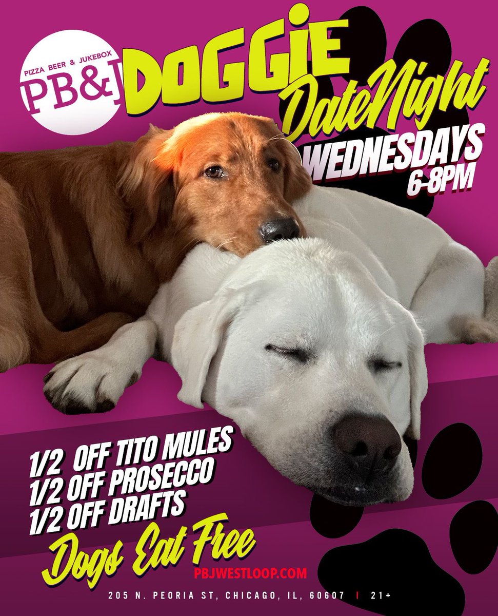 It’s always a fun night <a href="/pbjwestloop/">@pbjwestloop</a> on Doggie Date Night! Join us Wed from 6-8PM. Dog owners will enjoy half off Tito mules, half off drafts &amp; half off Prosecco. Plus, Dogs eat free* on Doggie Date Night! Get ready to PAW-TY! *one pup-wich per pup 📷: @sanderstheminigolden