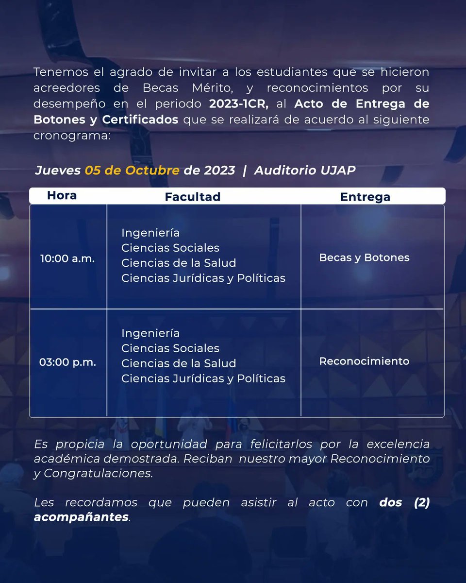 Nos complace invitar a los estudiantes que se hicieron acreedores de becas y reconocimientos por su desempeño durante el periodo 2023-1CR, al acto de entrega de Certificados y Botones a celebrarse el día:

🗓️ Jueves 05 de Octubre
📍 Auditorio UJAP 

#UJAP #OrgulloUJAPista🎖