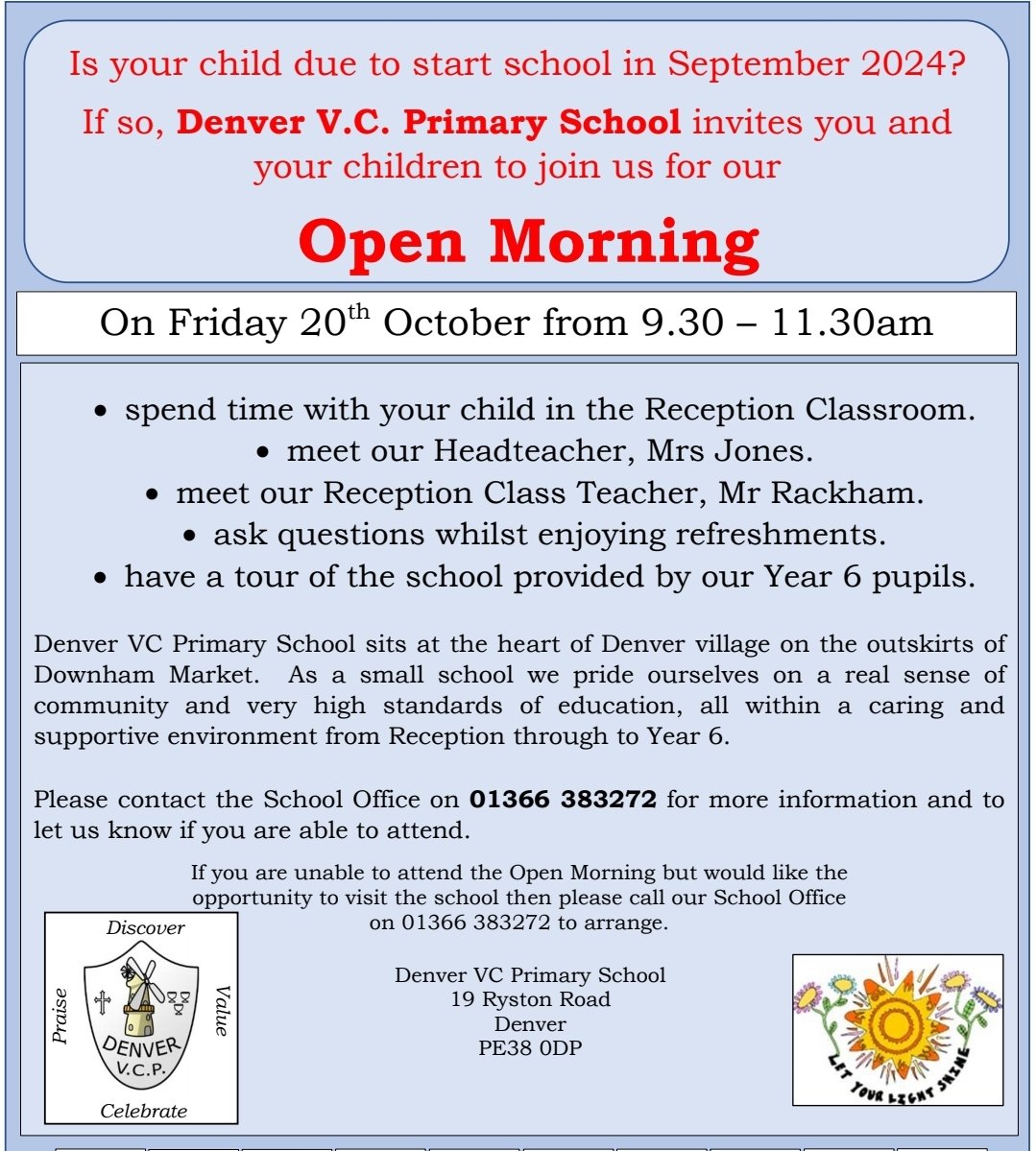 Is your child due to start school in September 2024? If so, Denver V.C. Primary School invites you and your child(ren) to join them for their Open Morning on Friday 20th October from 9.30 - 11.30am.