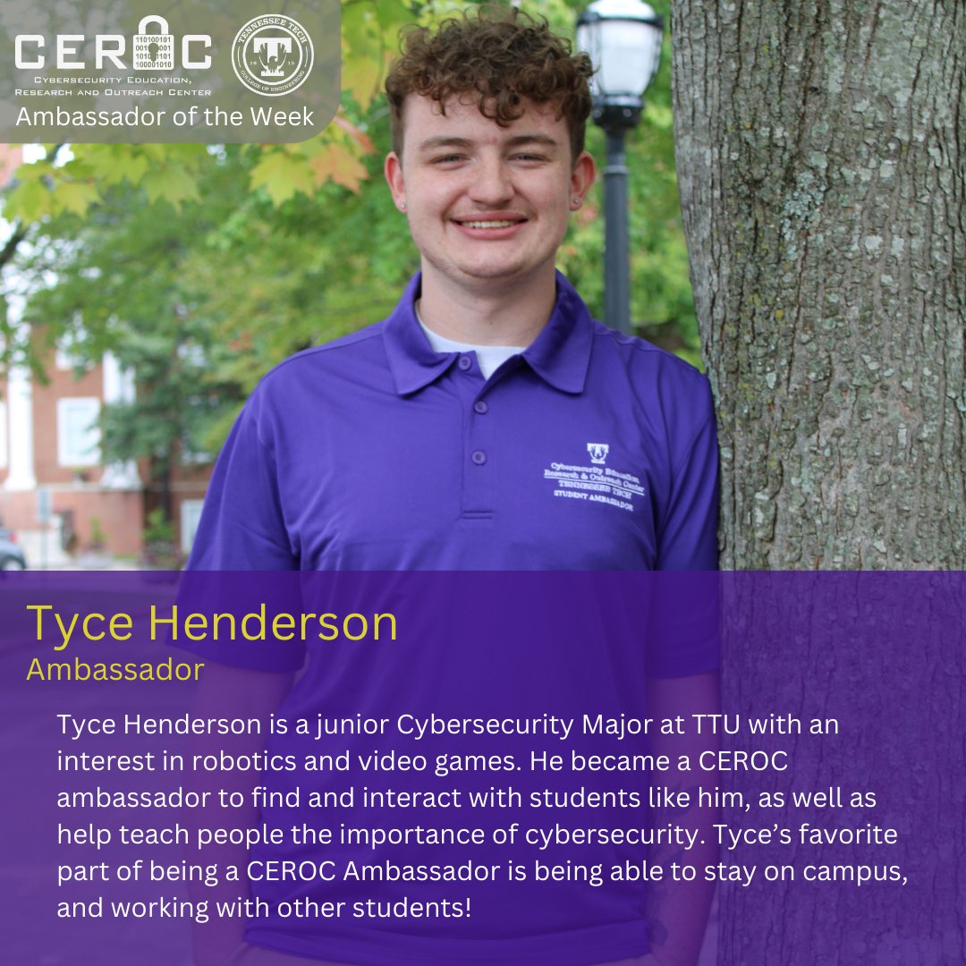 TNTechCEROC's tweet image. Our next ambassador is Tyce Henderson! Keep following to get to know more of our awesome team, and how you can be involved! #tntechceroc #tntech #cybersecurity