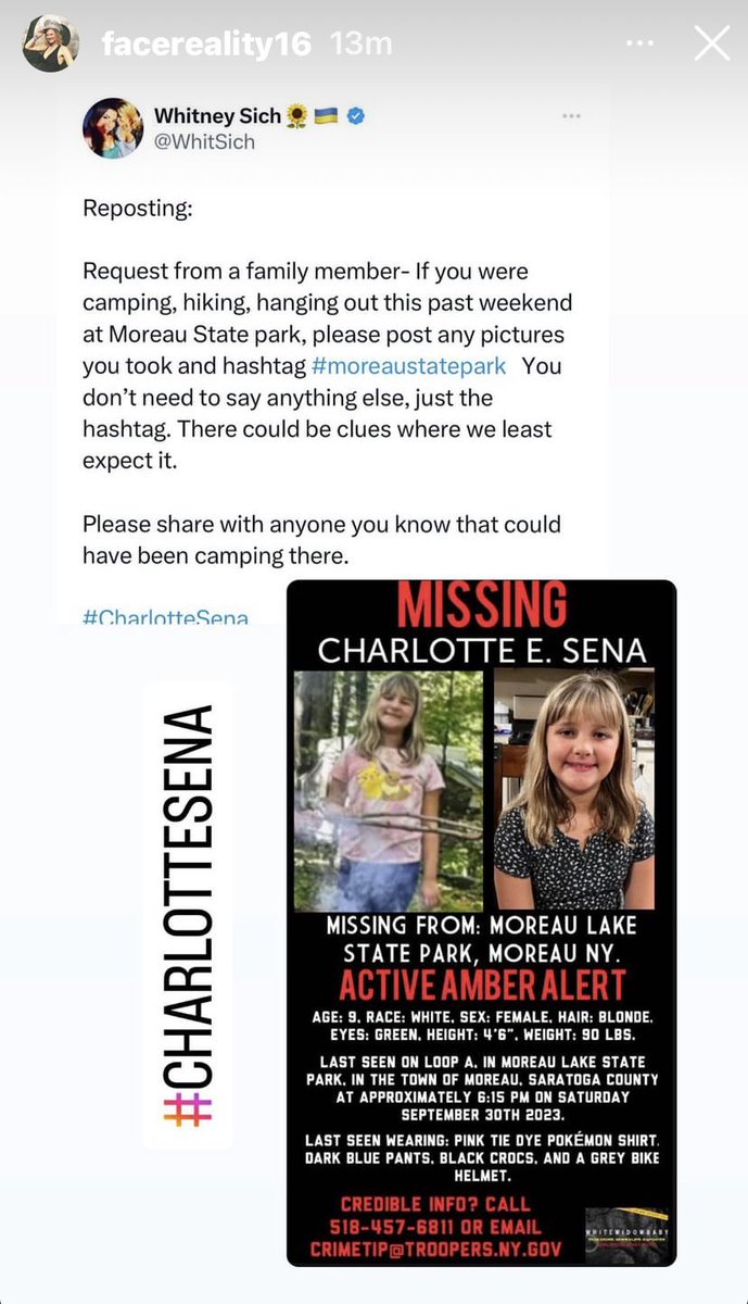 Please share and let’s get clues coming in. #CharlotteSena #NewYork #camping #hiking #missingposterMonday ##Missingchild #amberalert