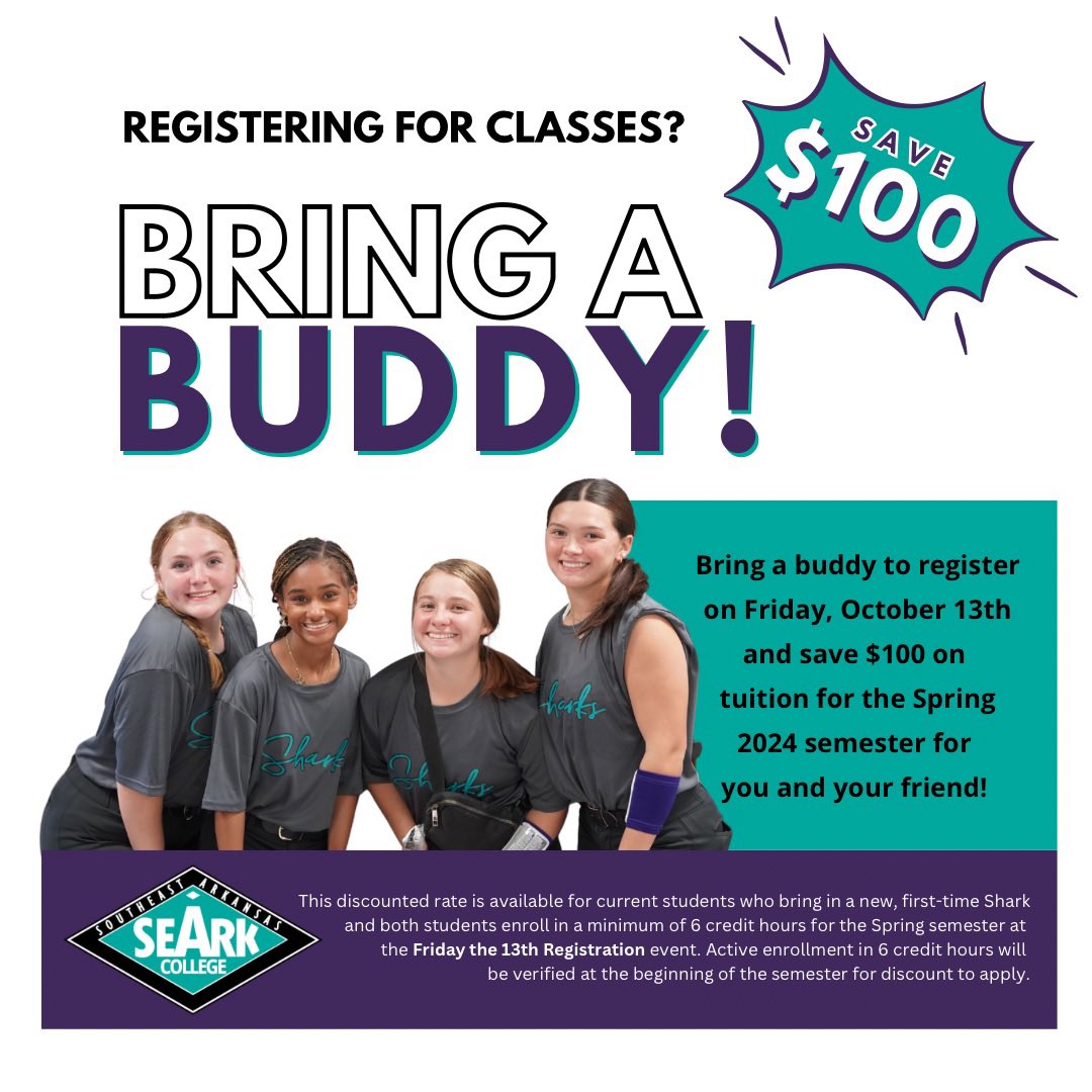 Stop by the Student Services Building on Friday, October 13th from 11-2 to register for the upcoming semester. Current students who bring a new, first-time Shark and both enroll in 6+ hours for the Spring 2024 semester will receive a $100 discount on tuition!