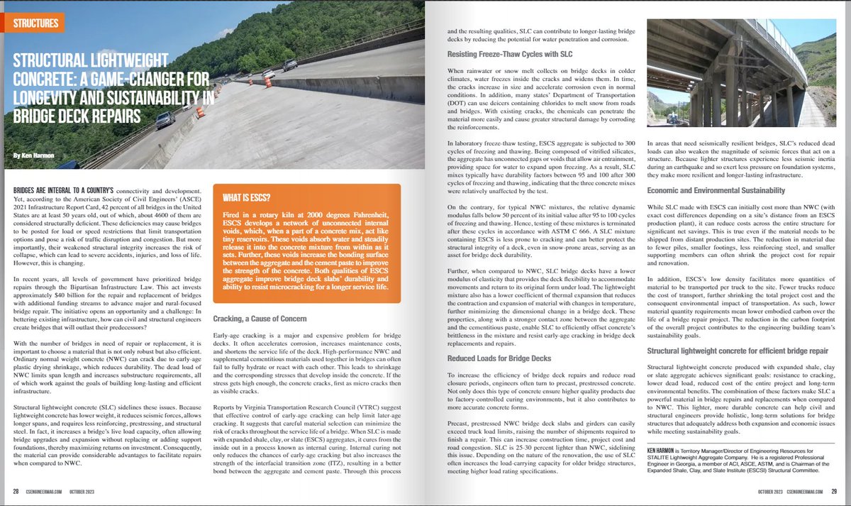 ESCSI_LWA's tweet photo. Did you know the U.S. has 4,600 bridges that are structurally deficient? This new article in @csENGINEERmag outlines how engineers can use structural #lightweightconcrete for bridge deck repairs to reduce seismic loads &amp; mitigate early-age cracking. Link: https://t.co/LYXLsi3SYH https://t.co/j3QlJm00Sk