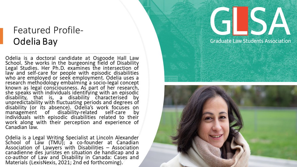 GLSA 2023-24 is pleased to feature profiles of its members and their accomplishments. Please join us in celebrating the work of <a href="/odeliabay/">Odelia Bay has left X</a>. Odelia's research focuses on 'Promoting Self-Care in the Accommodation of Episodic Disability at Work'.