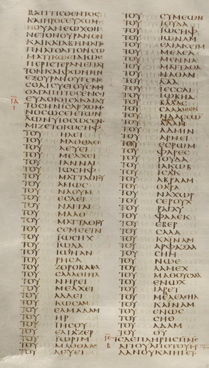 nelson_hsieh7's tweet photo. Ancient manuscripts were usually written without spaces between words ("scriptio continua"), so scribes created neat, tightly packed rectangular columns with very little blank space

But Codex Sinaiticus breaks from this usual pattern when writing long lists and I think... 🧵 https://t.co/us8AnnF8tb