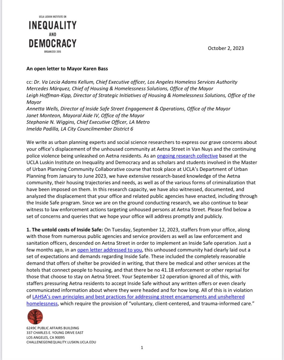 Open letter to @MayorOfLA from researchers @ChallengeIneq expressing grave & urgent concerns about the displacement of, & escalating police violence against, the Aetna Street community, where we have been doing research and collaborative pedagogy for a year. Read & amplify. 1/7