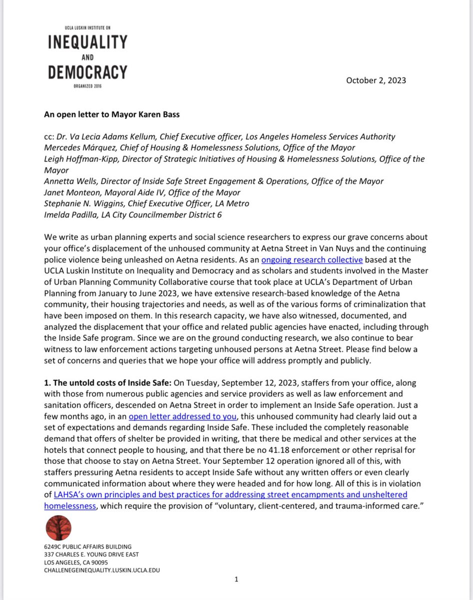 Ananya Roy (@ananyaucla) on Twitter photo Open letter to <a href="/MayorOfLA/">Mayor Karen Bass</a> from researchers <a href="/ChallengeIneq/">Institute on Inequality & Democracy</a> expressing grave & urgent concerns about the displacement of, & escalating police violence against, the Aetna Street community, where we have been doing research and collaborative pedagogy for a year. Read & amplify. 1/7 Open letter to <a href="/MayorOfLA/">Mayor Karen Bass</a> from researchers <a href="/ChallengeIneq/">Institute on Inequality & Democracy</a> expressing grave & urgent concerns about the displacement of, & escalating police violence against, the Aetna Street community, where we have been doing research and collaborative pedagogy for a year. Read & amplify. 1/7