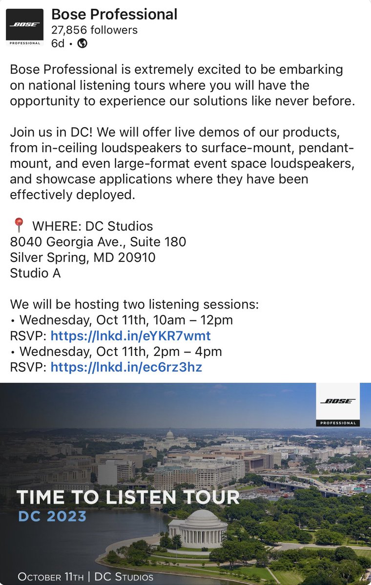 nancyblanchard's tweet photo. Register for October 11th for Bose Professional national listening tour stop in Silver Spring, MD with live demos and a chance to experience our solutions.
And…I will be there in person! Love to meet up.
#AVTweeps #Consultants #BosePro https://t.co/nupBzZDdar